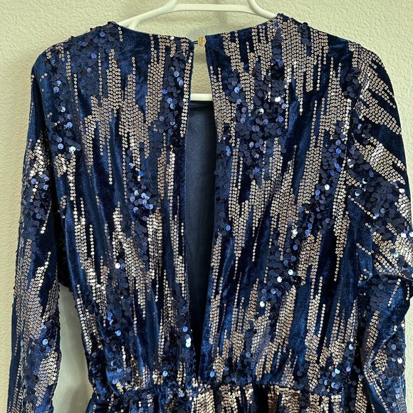 Navy Blue & Gold Velvet Sequin Open Back Long Sleeve Romper - Picture 7 of 9